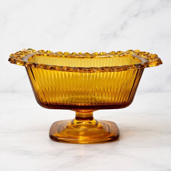 Vintage Other - Vintage Amber Glass Pedestal Bowl Scalloped Edge